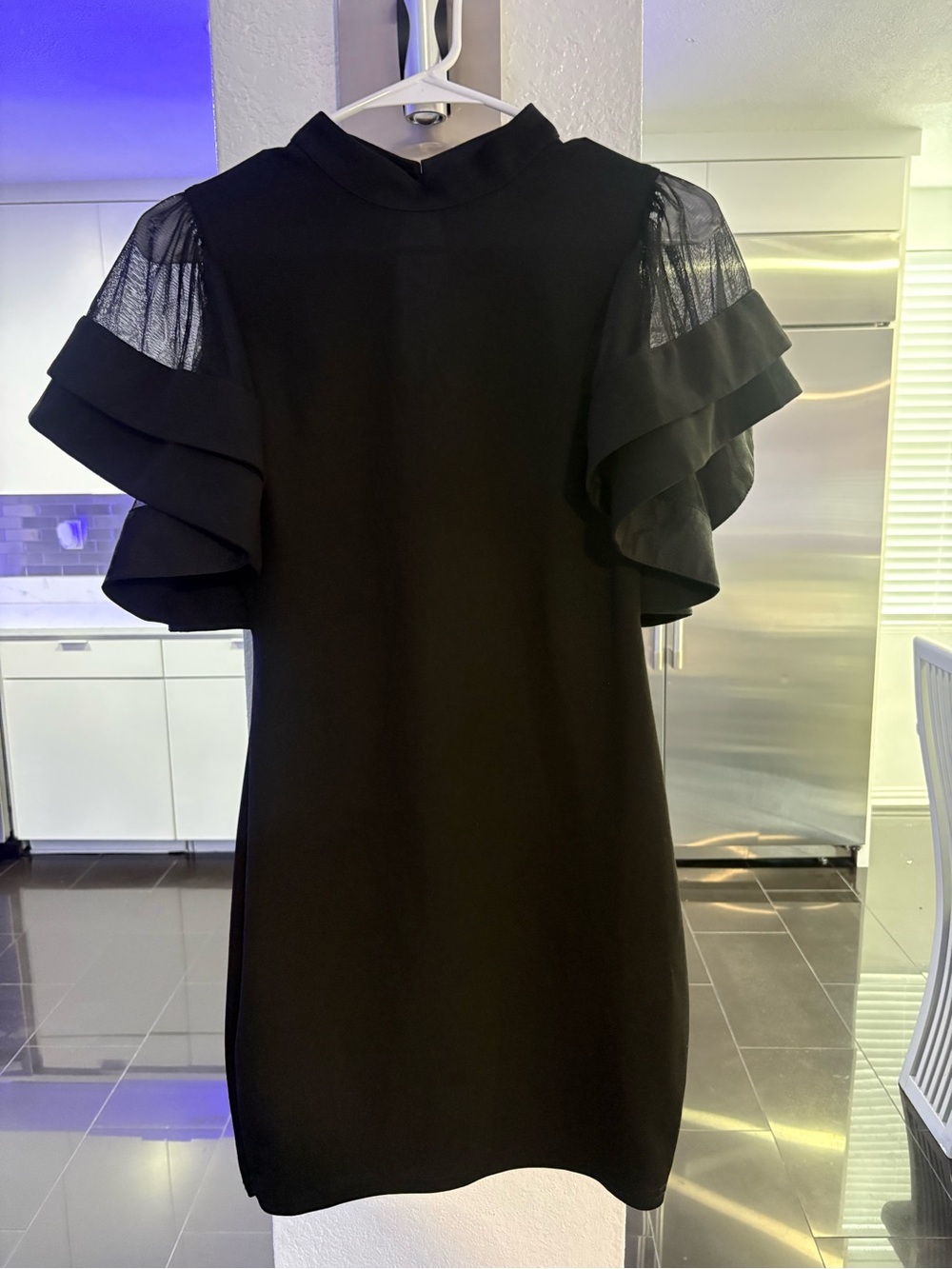 Black Ruffle-Sleeve Mini Dress with Sheer Shoulder Panels - Picture 1 of 4